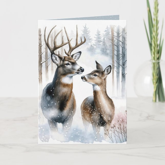 Tarjeta Festiva Navidades acuarela Buck y Doe (Anverso)