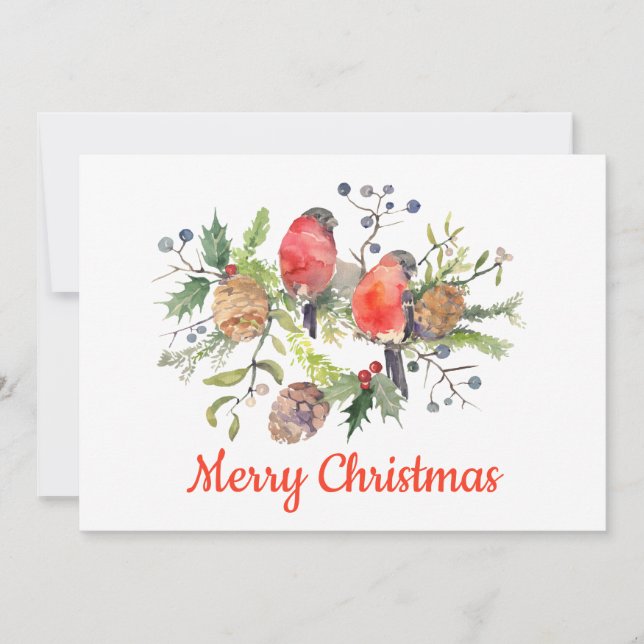 Tarjeta Festiva Navidades acuarela Bullfinch Floral personalizada (Anverso)