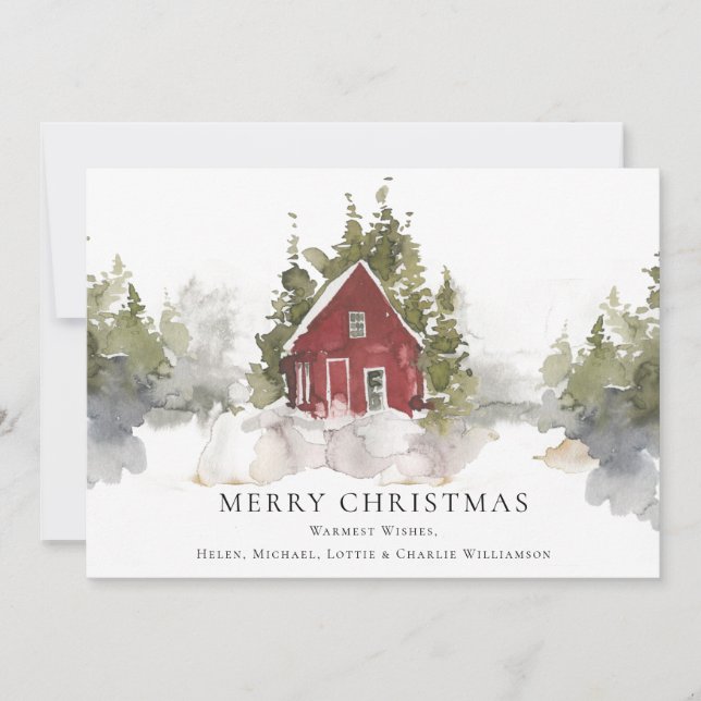 Tarjeta Festiva Navidades acuarela Hogar de bosque de pinos nevado (Anverso)