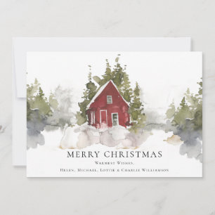 Tarjeta Festiva Navidades acuarela Hogar de bosque de pinos nevado