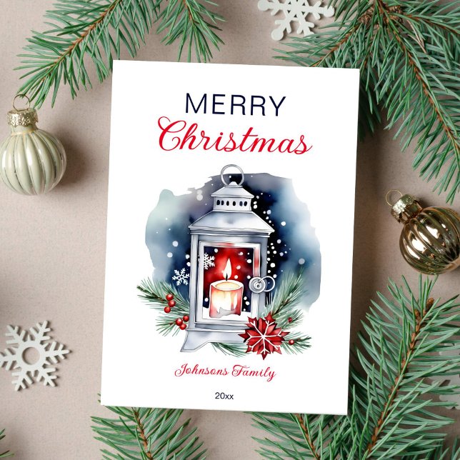 Tarjeta Festiva Navidades acuarela poinsettia (Christmas greeting card modern watercolor template digital download lantern with candle poinsettia)