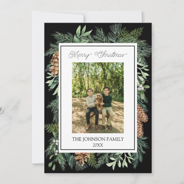 Tarjeta Festiva Navidades Acuarela Verde Botánico Negro (Anverso)