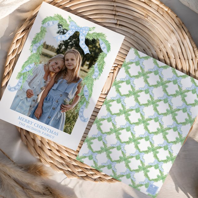 Tarjeta Festiva Navidades acuarelas Blue Bow Garland Photo (Subido por el creador)