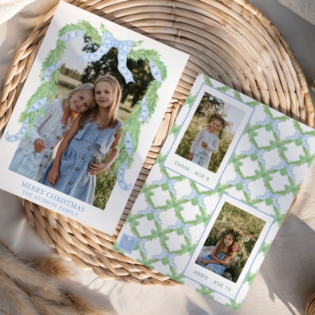 Tarjeta Festiva Navidades acuarelas Blue Bow Garland Photo (Subido por el creador)