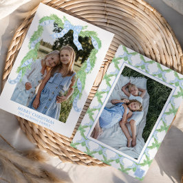 Tarjeta Festiva Navidades acuarelas Blue Bow Garland Photo