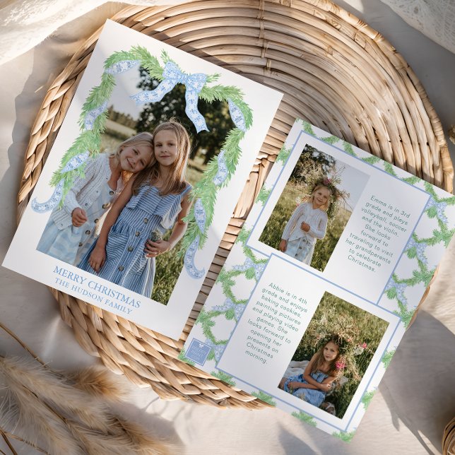 Tarjeta Festiva Navidades acuarelas Blue Bow Garland Photo (Subido por el creador)