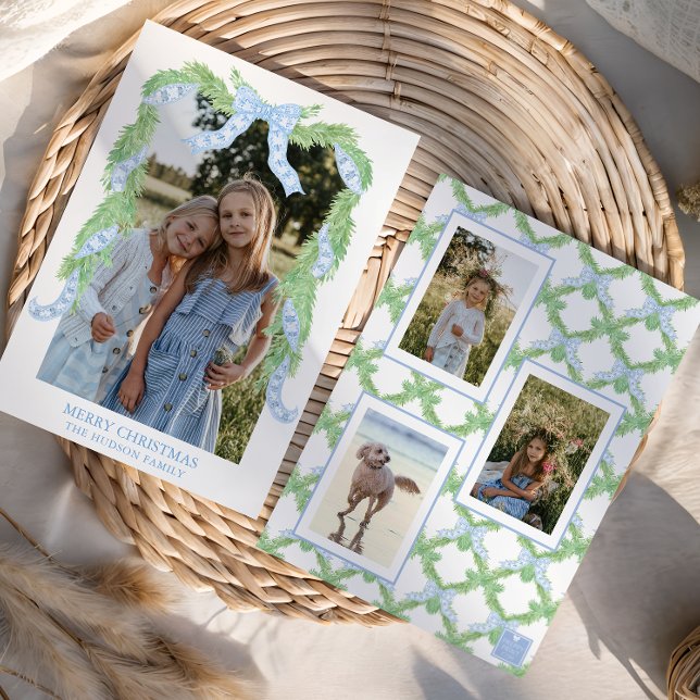 Tarjeta Festiva Navidades acuarelas Blue Bow Garland Photo (Subido por el creador)