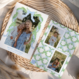 Tarjeta Festiva Navidades acuarelas Blue Bow Garland Photo