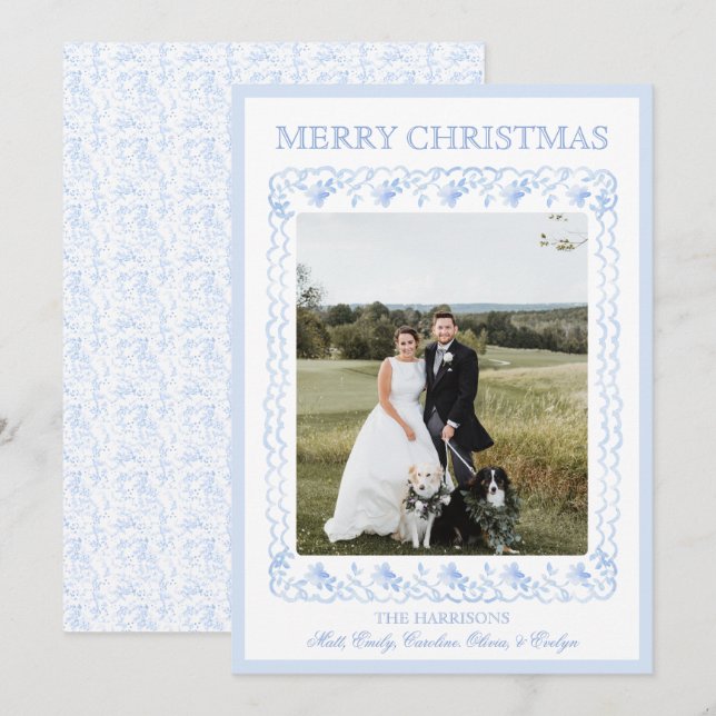 Tarjeta Festiva Navidades acuarelas Blue Chinoiserie One Photo (Anverso / Reverso)