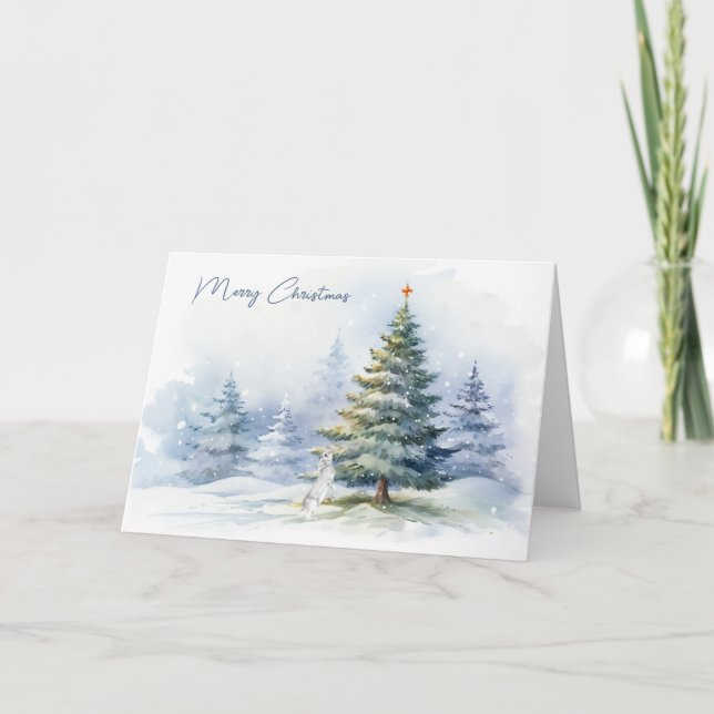 Tarjeta Festiva Navidades acuarelas Bunny Winter Pines (Anverso)