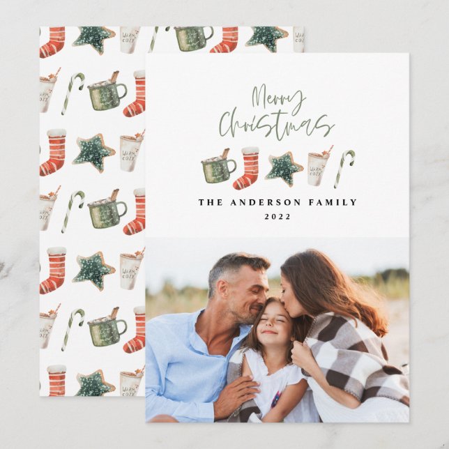 Tarjeta Festiva Navidades acuarelas cookie 1 caña de caramelo foto (Anverso / Reverso)