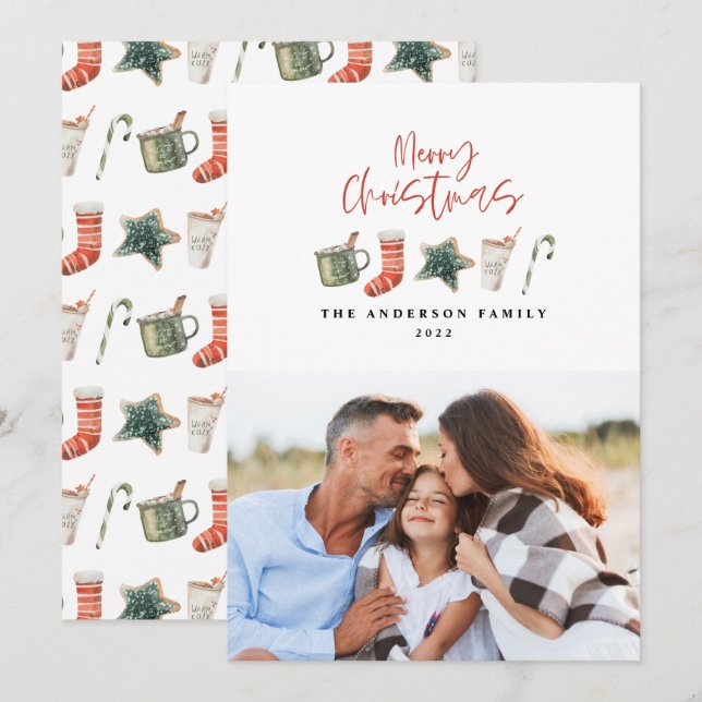 Tarjeta Festiva Navidades acuarelas cookie 1 foto bastón Hol (Anverso / Reverso)