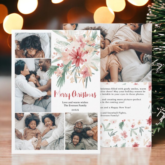 Tarjeta Festiva Navidades acuarelas de flores de cinco Collages de (Watercolor Floral Christmas Five-Photo Collage Holiday Card)