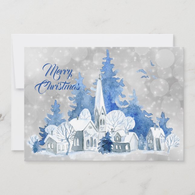 Tarjeta Festiva Navidades acuarelas de la iglesia azul rústica (Anverso)