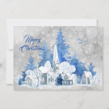 Navidades acuarelas de la iglesia azul rústica