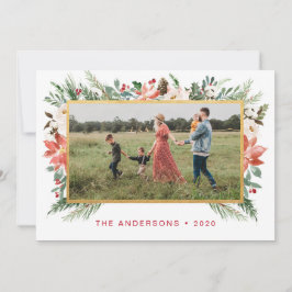 Tarjeta Festiva Navidades acuarelas Floral con foto de oro