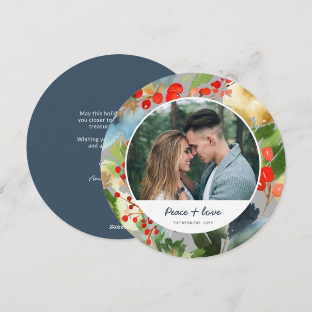 Tarjeta Festiva Navidades acuarelas Florales Circle Photo Gray (Anverso / Reverso)