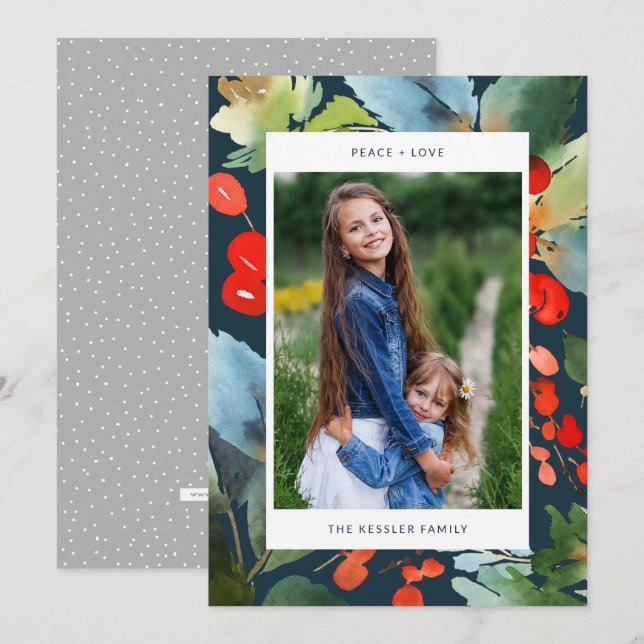 Tarjeta Festiva Navidades acuarelas Florales Elegantes Foto Azul (Anverso / Reverso)