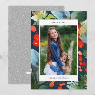 Tarjeta Festiva Navidades acuarelas Florales Elegantes Foto Azul