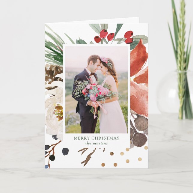 Tarjeta Festiva Navidades acuarelas Flores con tu foto (Anverso)