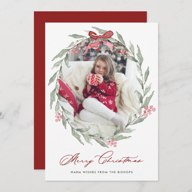 Tarjeta Festiva Navidades acuarelas Foliage Wreath Photo (Anverso / Reverso)