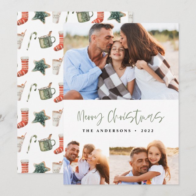 Tarjeta Festiva Navidades acuarelas galletas bebidas caramelos 3 f (Anverso / Reverso)