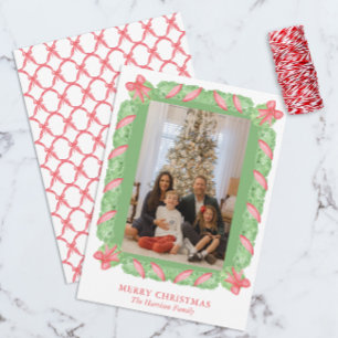 Tarjeta Festiva Navidades acuarelas Green Garland y Red Bow Foto
