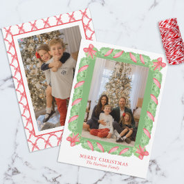 Tarjeta Festiva Navidades acuarelas Green Garland y Red Bow Foto