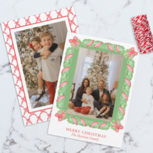 Tarjeta Festiva Navidades acuarelas Green Garland y Red Bow Foto