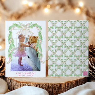 Tarjeta Festiva Navidades acuarelas rosa Green Bow Garland Photo