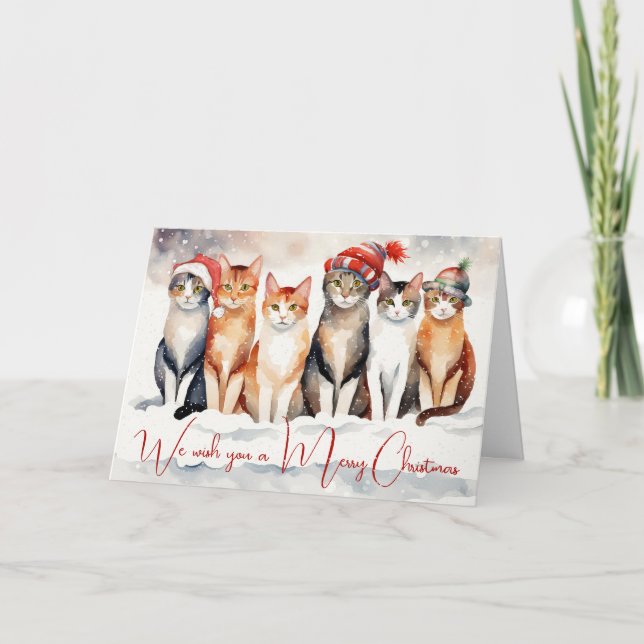 Tarjeta Festiva Navidades acuáticos gatos en copos de nieve (Anverso)
