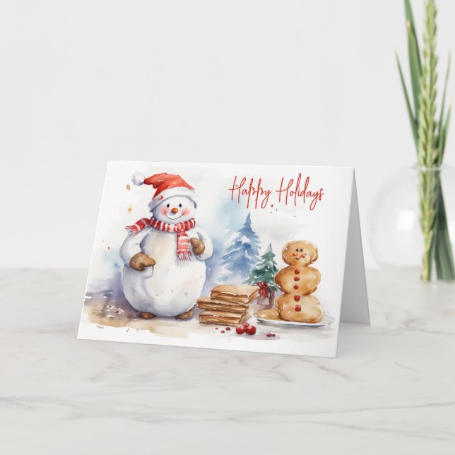 Tarjeta Festiva Navidades acuáticos Snowman con hombre de pan de j (Anverso)