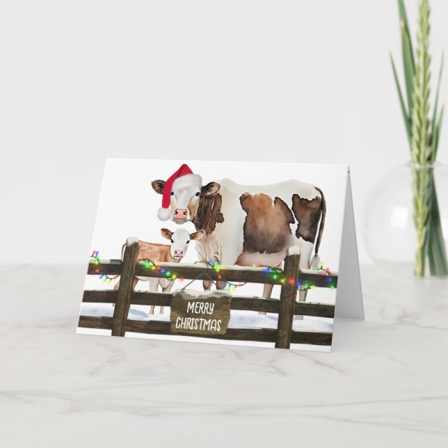 Tarjeta Festiva Navidades acuáticos Vacas Con Sombrero Santa (Anverso)