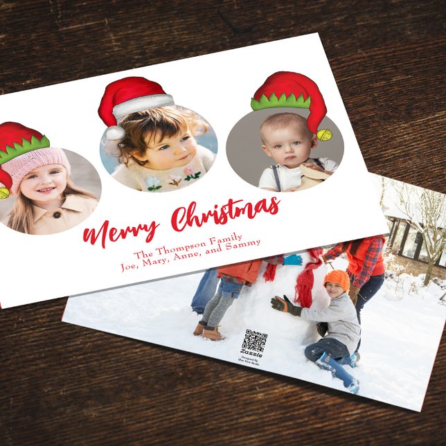 Tarjeta Festiva Navidades adoran a Santa Elf con gracia caprichosa (Merry Christmas cute whimsical multi photo greeting card with a four photo template. )