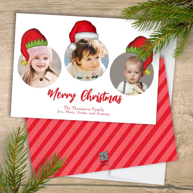 Tarjeta Festiva Navidades adoran a Santa Elf Funny Whimsical 3 Fot (Merry Christmas cute whimsical multi-photo greeting card with a three-photo template. )