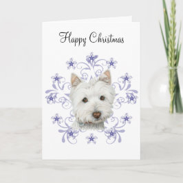 Tarjeta Festiva Navidades adoran arte de perro occidental y copos 
