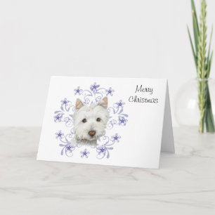 Tarjeta Festiva Navidades adoran arte de perro occidental y copos 
