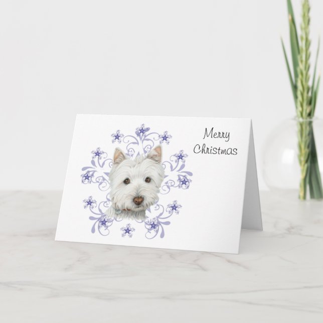 Tarjeta Festiva Navidades adoran arte de perro occidental y copos  (Anverso)