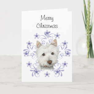 Tarjeta Festiva Navidades adoran arte de perro occidental y copos