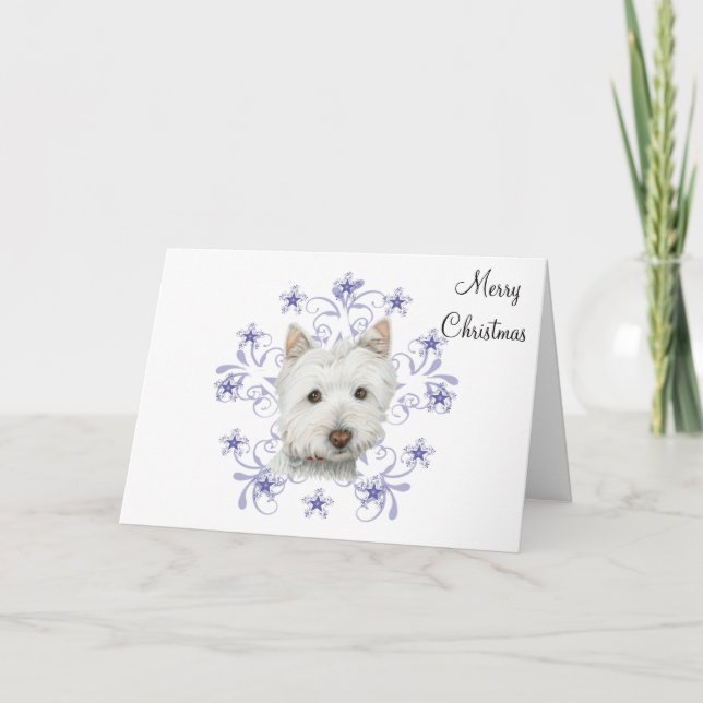 Tarjeta Festiva Navidades adoran arte de perro occidental y copos  (Anverso)