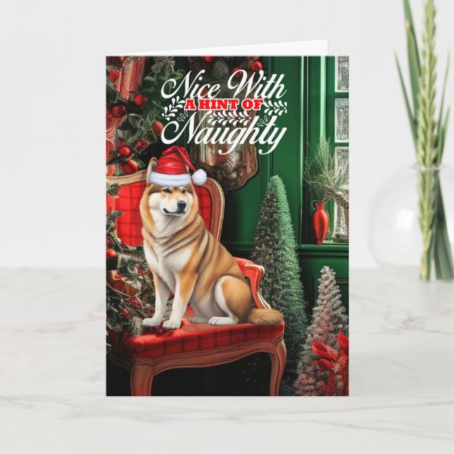 Tarjeta Festiva Navidades Akita Perro travieso o agradable (Anverso)