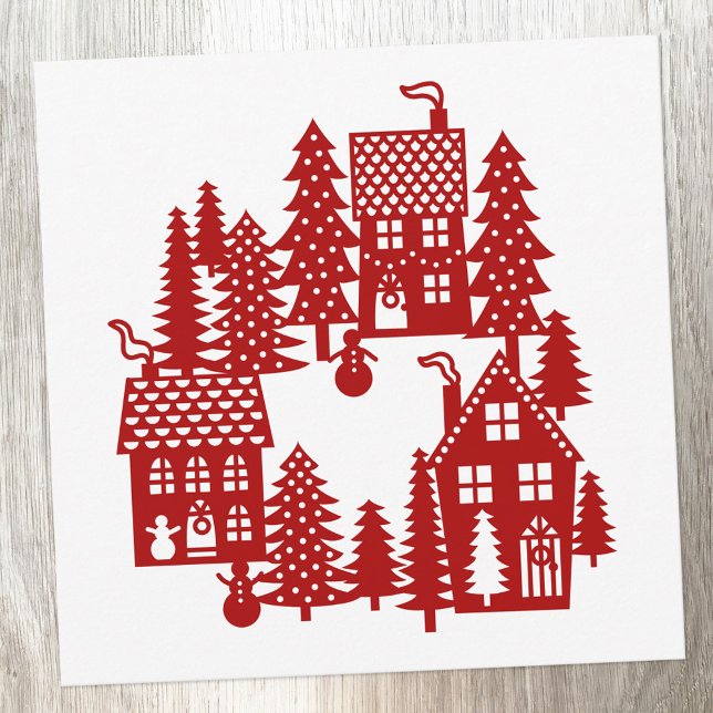 Tarjeta Festiva Navidades Aldea Rojo y Blanco (Red and white Christmas Village card.)