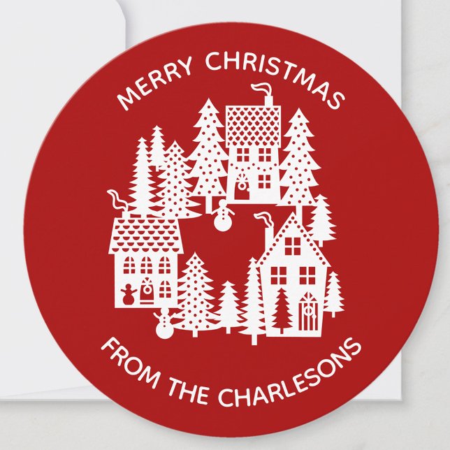 Tarjeta Festiva Navidades Aldea Rojo y Blanco Personalizado (Christmas Village personalized holiday card)