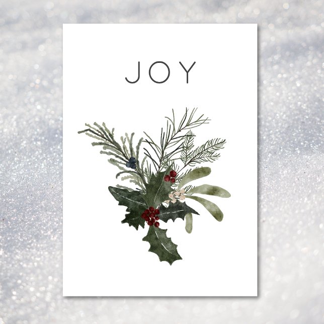 Tarjeta Festiva Navidades Alegran la vegetación rústica mínima hol (Christmas Joy Rustic Minimal Holly Greenery Holiday Card)