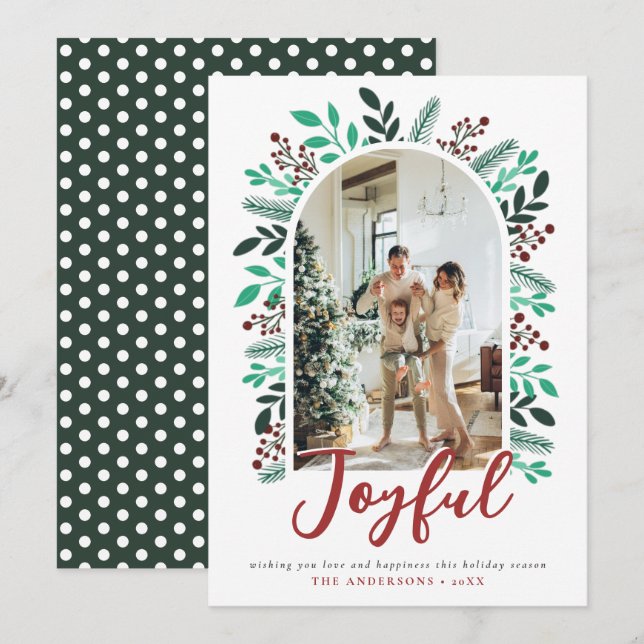 Tarjeta Festiva Navidades alegres Arch Berries Foliage Foto Verde (Anverso / Reverso)