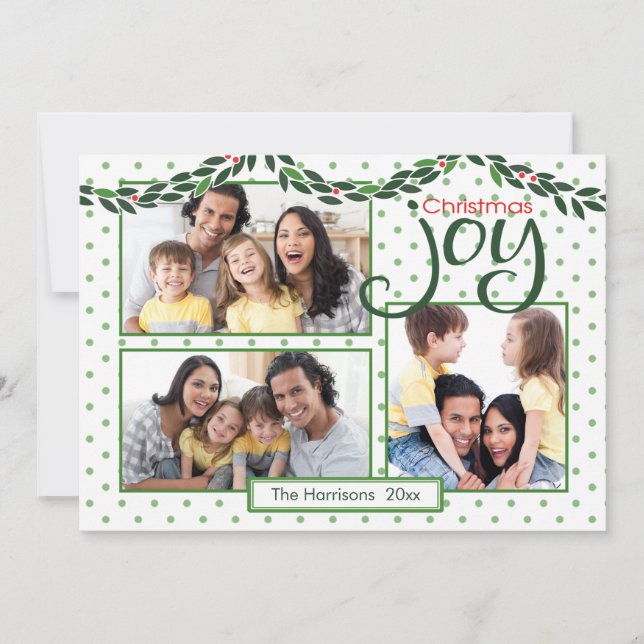 Tarjeta Festiva Navidades Alegría, Garland y puntos de Polka Verde (Anverso)