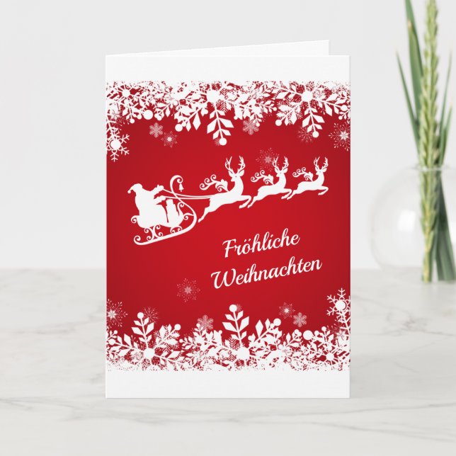 Tarjeta Festiva Navidades alemanes - Copos de nieve, Santa, renos (Anverso)