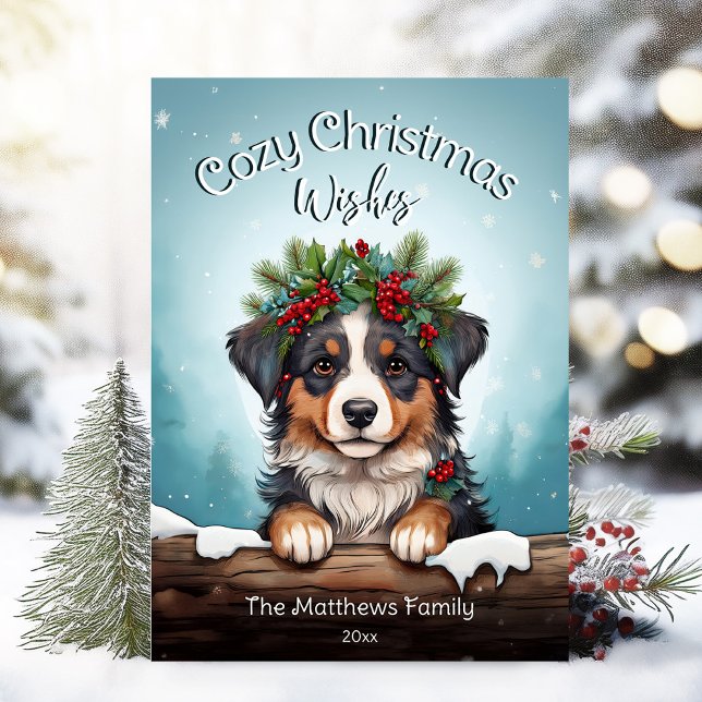 Tarjeta Festiva Navidades amables y amables desean un perro pastor (Adorable Winter Snowy Scene With Peeking Dogs or Farm/Woodland Animals - Over 50 to Choose From!)
