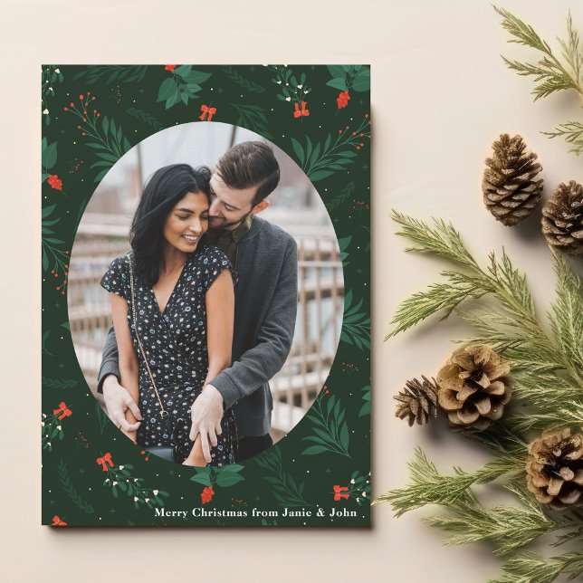 Tarjeta Festiva Navidades Aman Pareja Foto Verde Hoja Mistletoe (Subido por el creador)