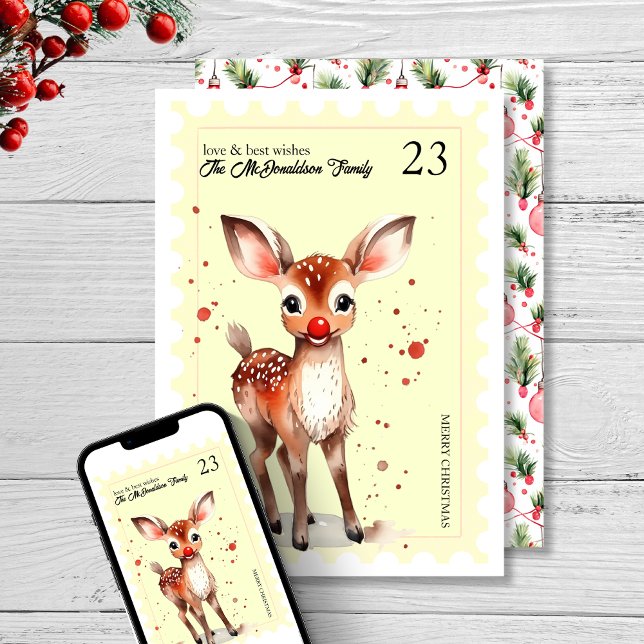 Tarjeta Festiva Navidades Amarillos De Renos Kitsch (Vintage Stamp Kitsch Reindeer Yellow Christmas Holiday Card retro pastel holidays cute pretty modern)